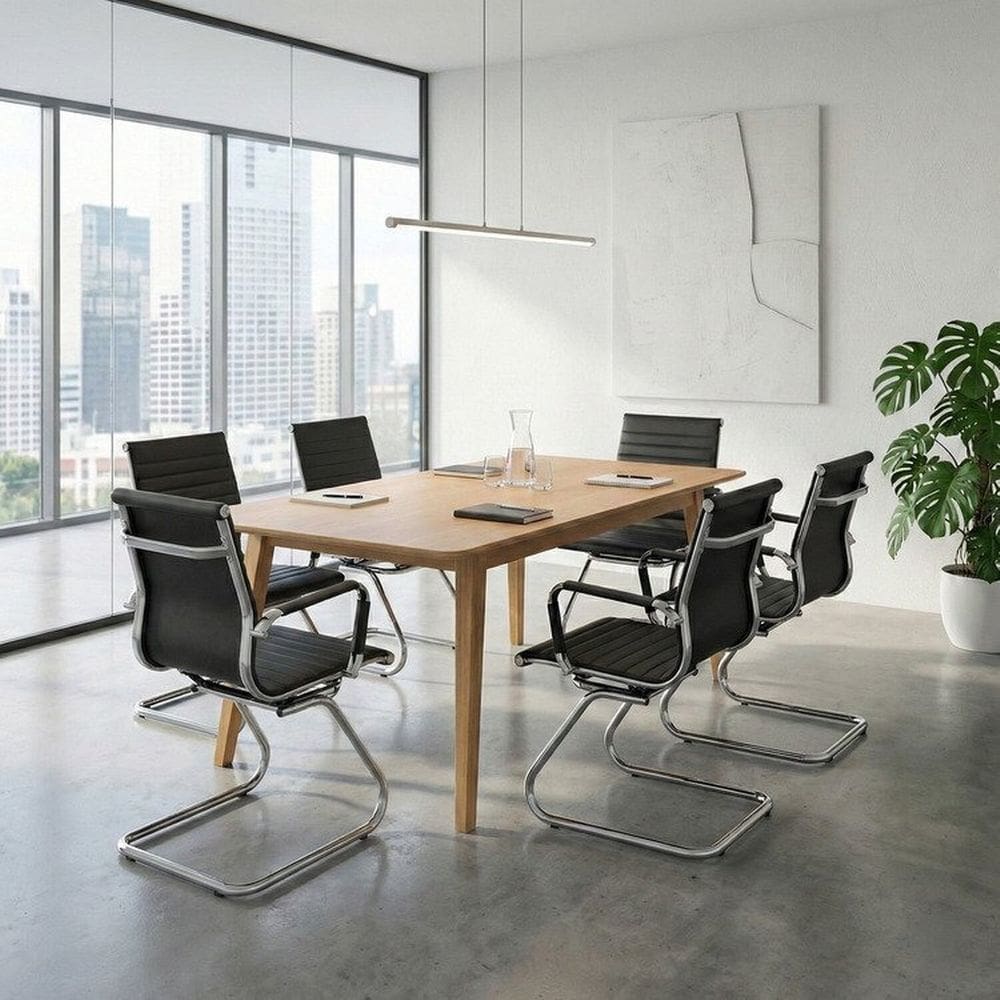 Conjunto Mesa de Reunião Retangular e 6 Cadeiras Fixa Esteirinha Sintético Espresso Móveis Freijo / Preto