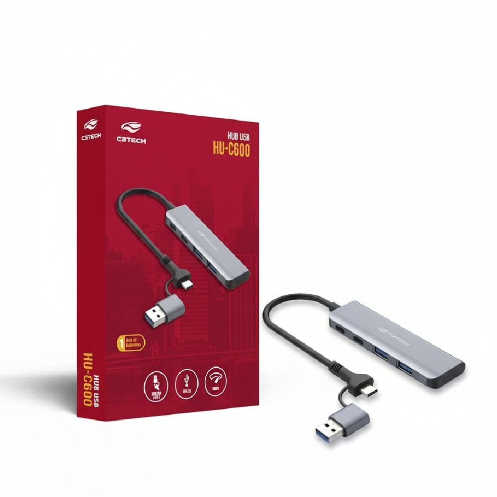 HUB USB com 4 Portas C3Tech HU-C600GY, Entrada USB-A e C Reversivel, 2 Portas USB-A e 2 Portas USB-C, Cinza