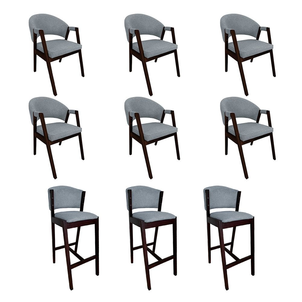 Kit 6 Cadeiras Helen para Cozinha Planejada com 3 Banquetas Ana Madeira Maciça Castanho - Cinza