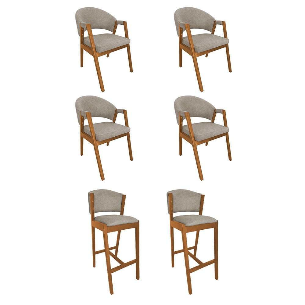 Kit 4 Cadeiras de Jantar Helen Madeira Maciça com 2 Banquetas Ana Premium Linho - Bege