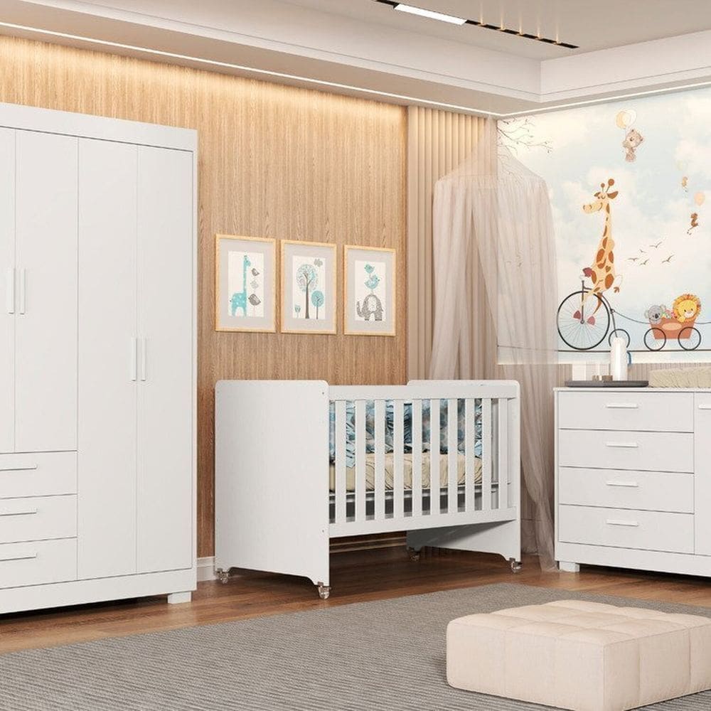 Quarto para Bebê Completo com Berço Evolution 4 em 1 Zaki Branco Fosco