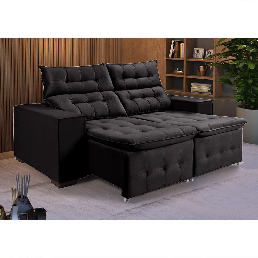 Sofá Retrátil Reclinável 3 Lugares Pillow em Veludo 1,90m Espuma Premium Conforto - Preto Veludo
