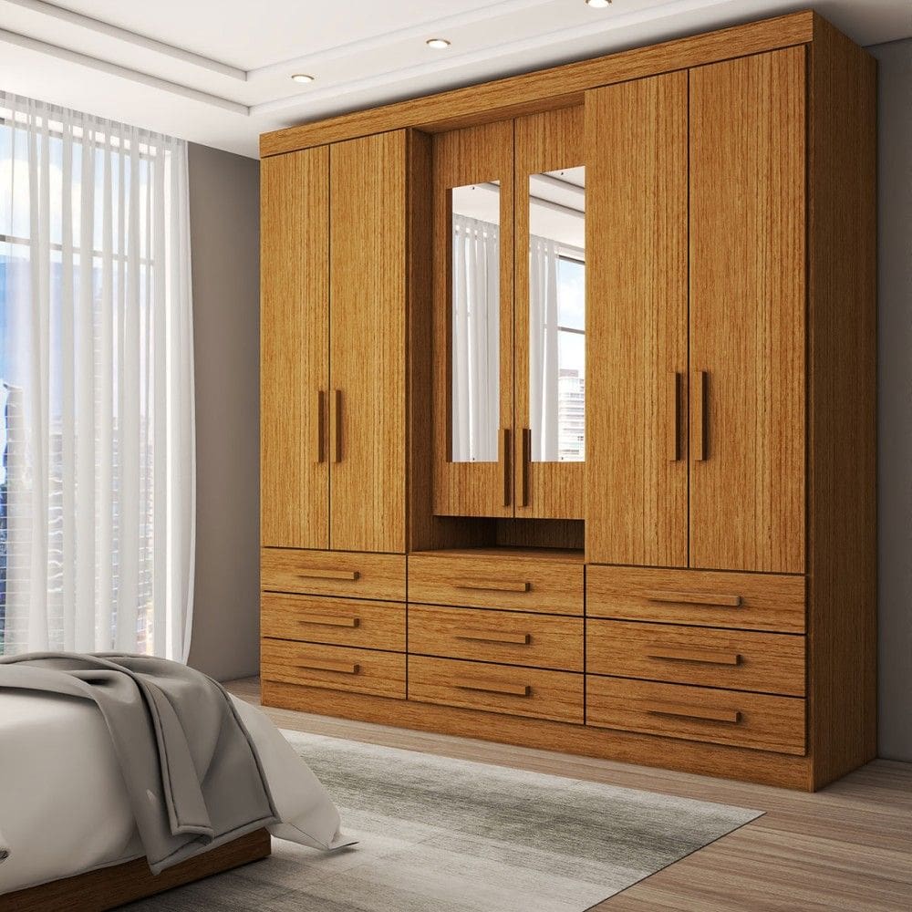 Guarda-Roupa Casal Real 6 Portas 9 Gavetas com Espelho 100% Mdf Cinamomo - Panorama Móveis