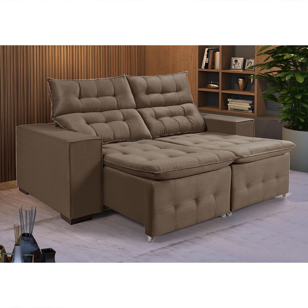 Sofá Retrátil Reclinável 3 Lugares Pillow em Veludo 1,90m Espuma Premium Sala Estar Amêndoa Veludo