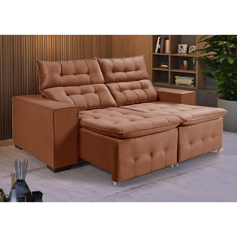 Sofá Retrátil Reclinável 3 Lugares Pillow em Veludo 1,90m Espuma Premium Conforto - Canela Veludo