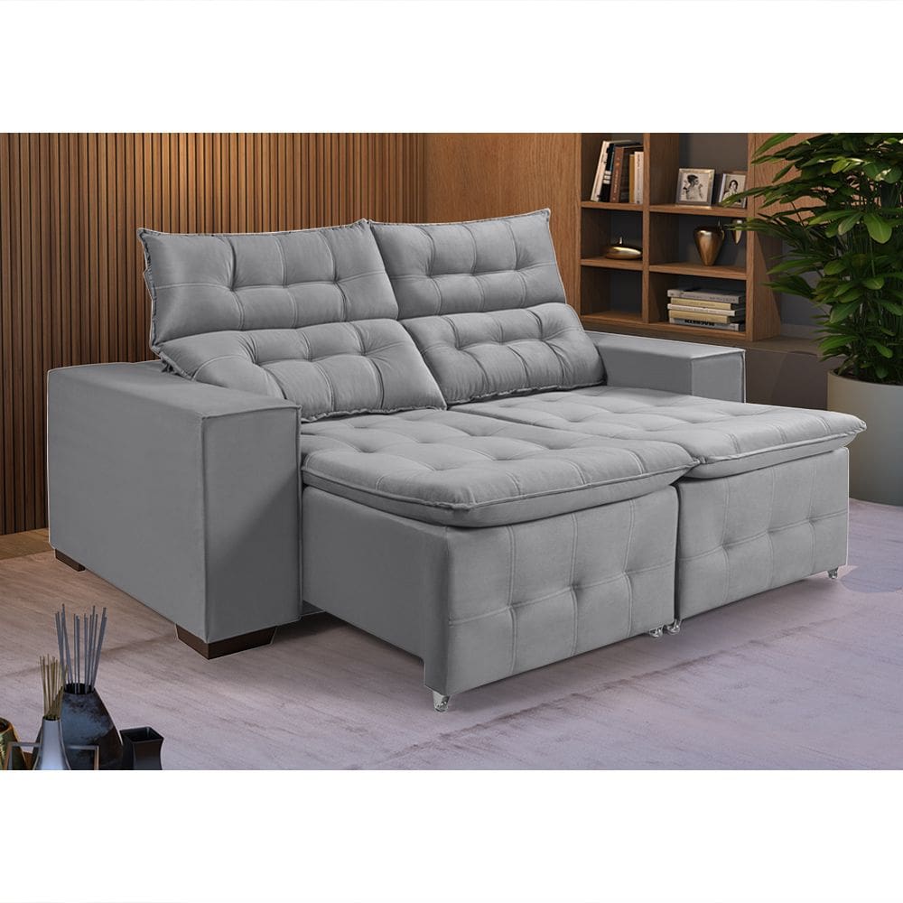 Sofá Retrátil Reclinável 3 Lugares Pillow em Veludo 1,90m Espuma Premium Conforto - Cinza Veludo