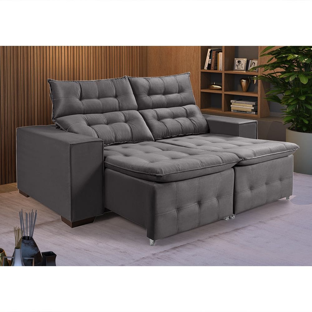 Sofá Retrátil Reclinável 3 Lugares Pillow em Veludo 1,90m Espuma Premium Sala - Grafite Veludo
