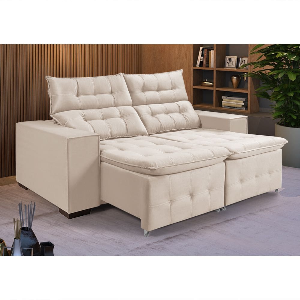 Sofá Retrátil Reclinável 3 Lugares Pillow Veludo 1,90m Conforto Sala de Estar - Marfim Veludo