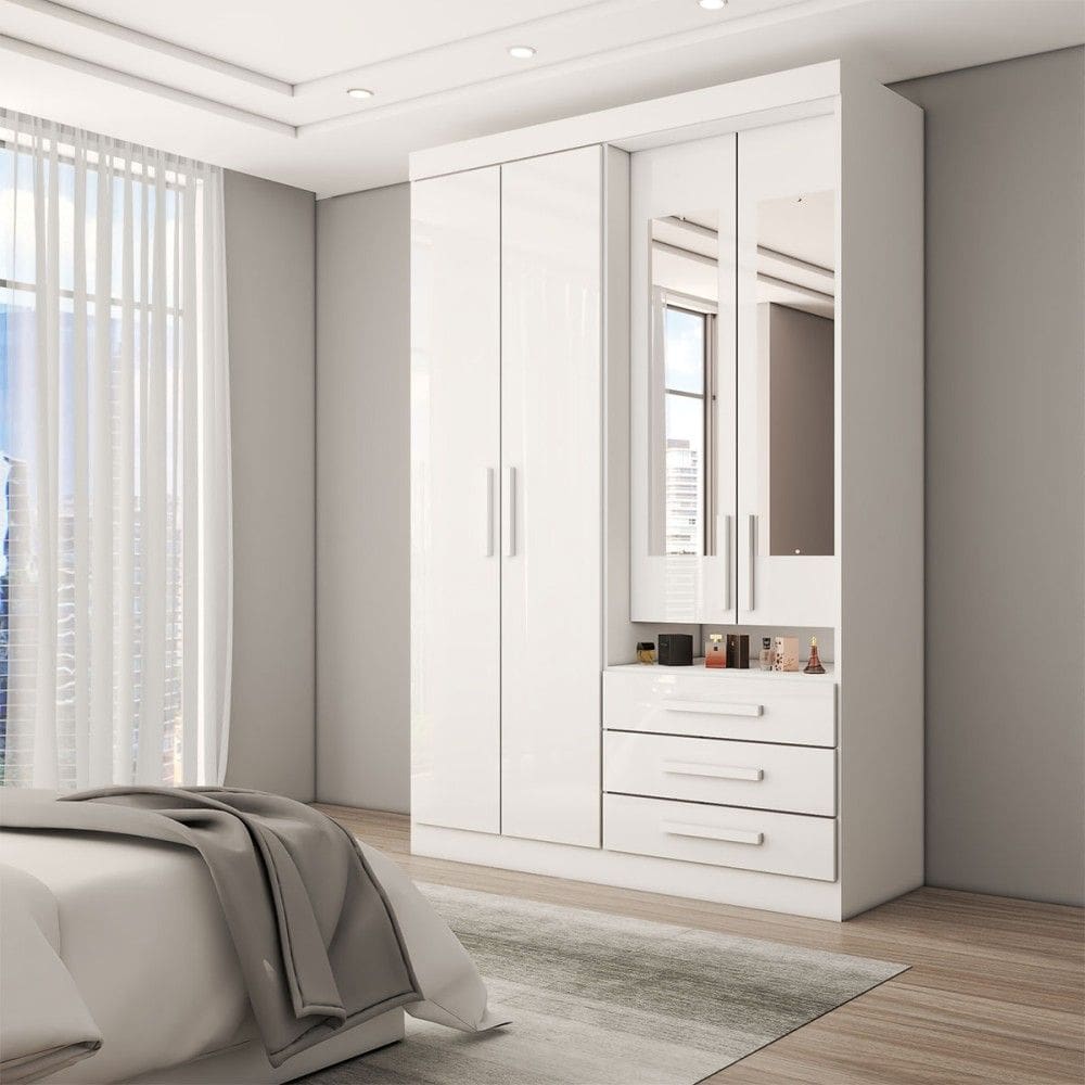 Guarda-Roupa Solteiro Real 4 Portas 3 Gavetas com Espelho 100% Mdf Branco - Panorama Móveis