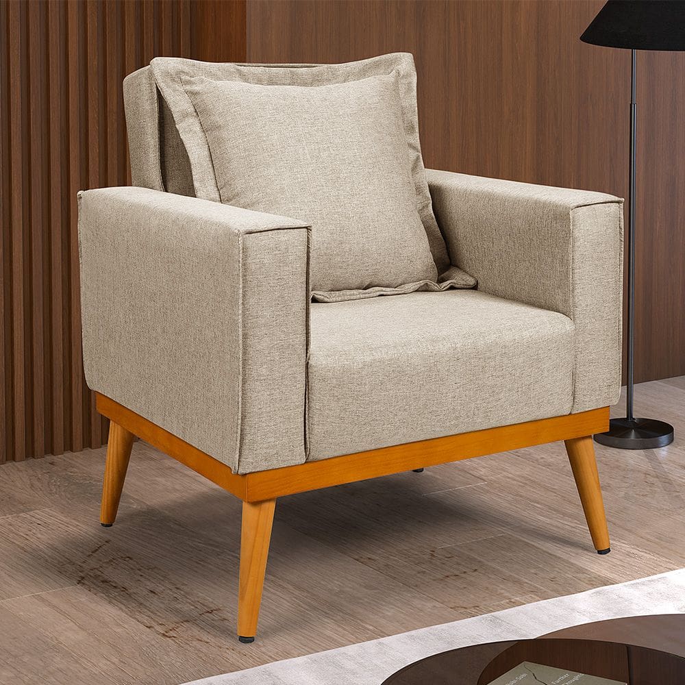 Poltrona Florença Decorativa Base Madeira Maciça Design Moderno Conforto Sala de Estar - Bege Linho