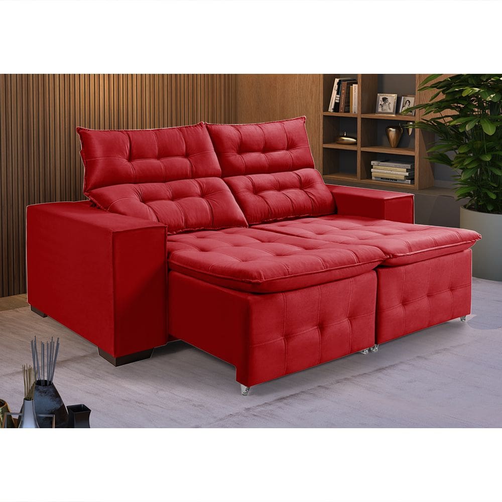 Sofá Retrátil Reclinável 3 Lugares Pillow em Veludo 1,90m Assento Macio - Vermelho Veludo