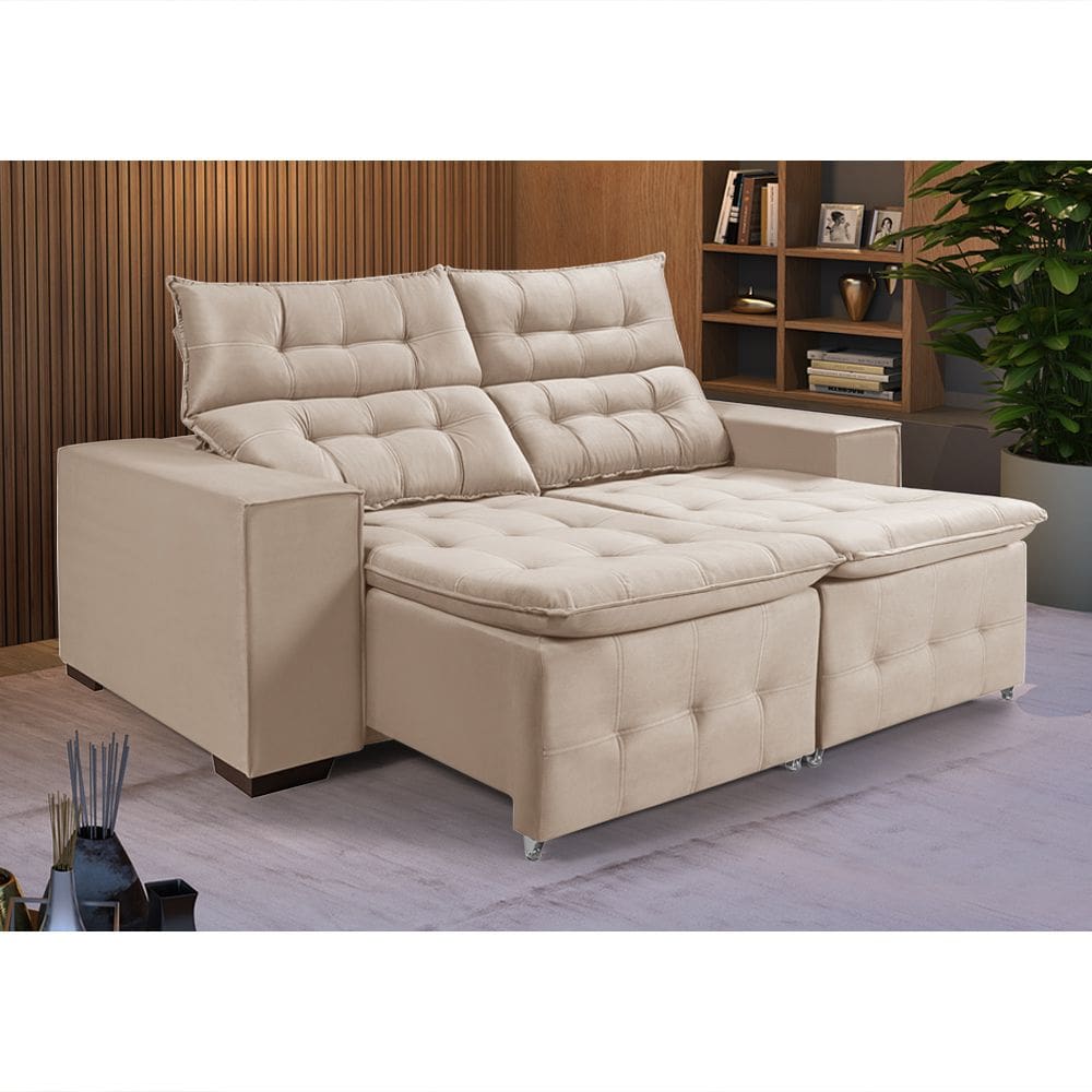 Sofá Retrátil Reclinável 3 Lugares Pillow Veludo 1,90m Espuma Premium Design - Palha Veludo