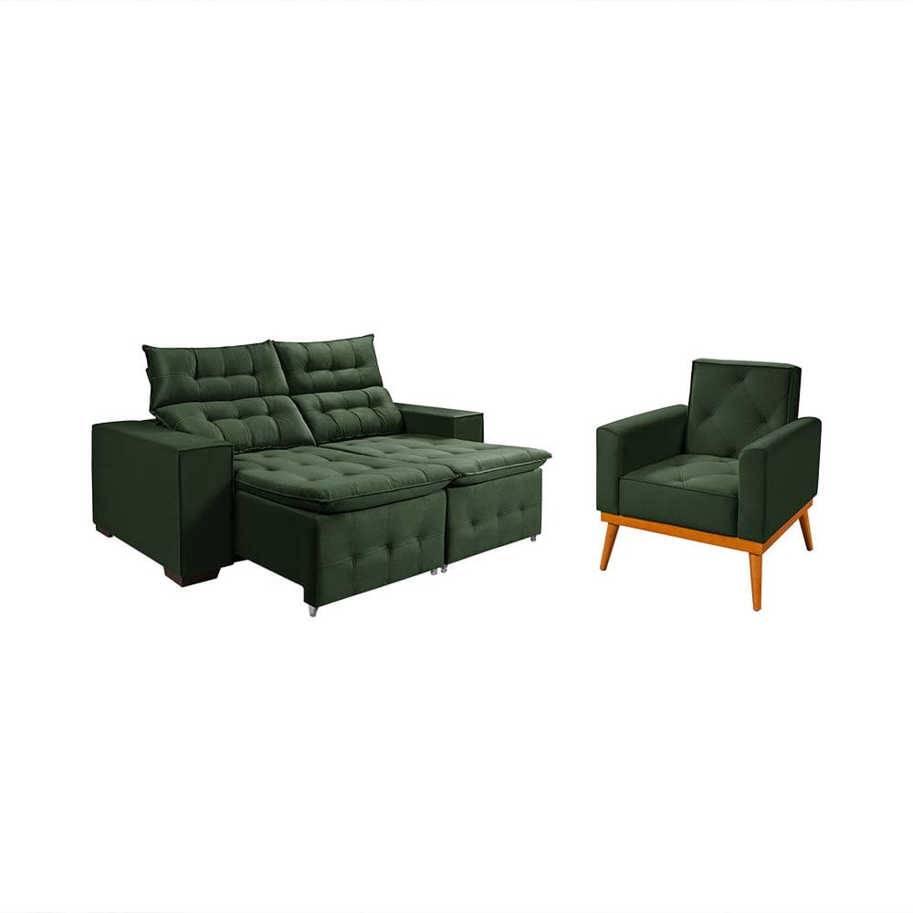 Kit Sofá Bari Retrátil Reclinável 1,90m Pillow + Poltrona Florença Espuma Premium - Verde Veludo