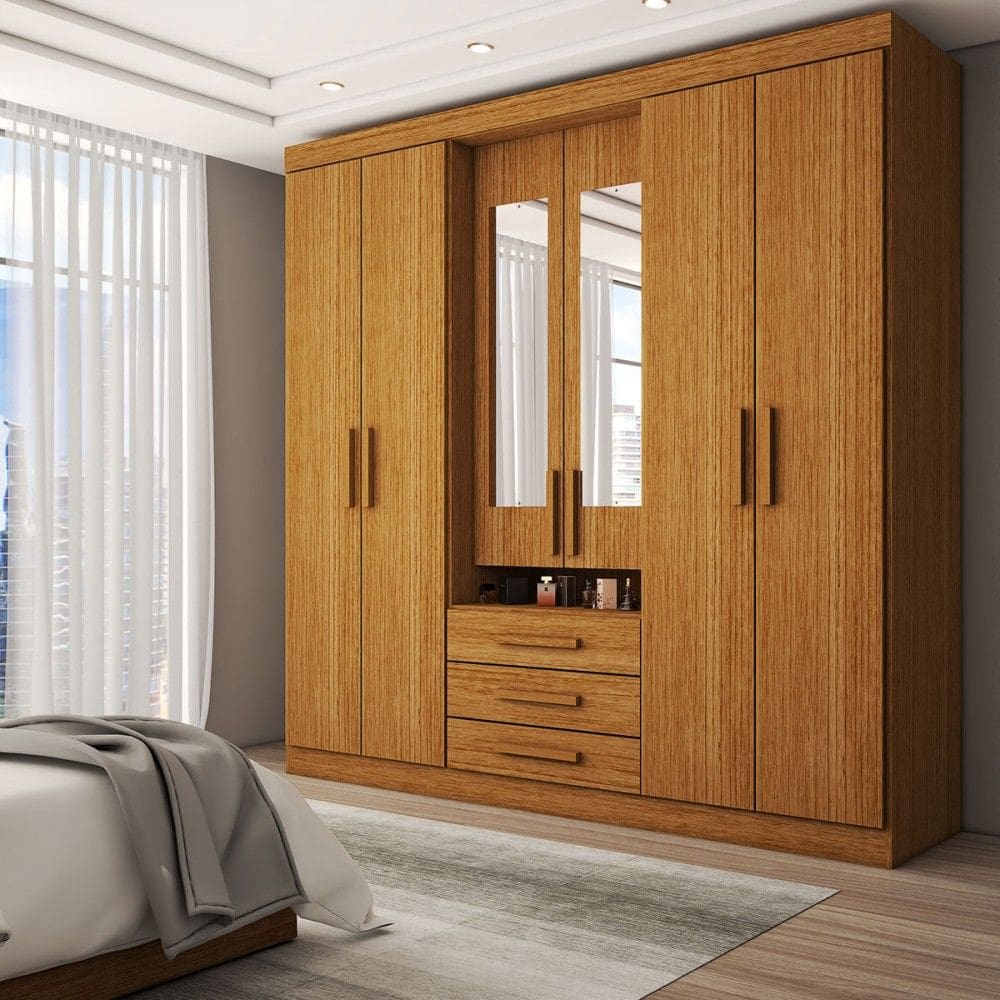 Guarda-Roupa Casal Real 6 Portas 3 Gavetas com Espelho 100% Mdf Cinamomo - Panorama Móveis