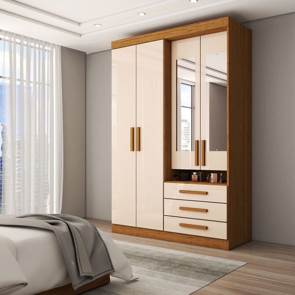 Guarda-Roupa Solteiro Real 4 Portas 3 Gavetas com Espelho 100% Mdf Cinamomo/Off White - Panorama Móveis