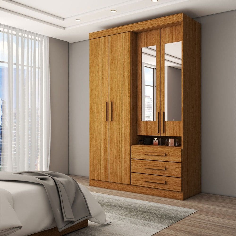 Guarda-Roupa Solteiro Real 4 Portas 3 Gavetas com Espelho 100% Mdf Cinamomo - Panorama Móveis