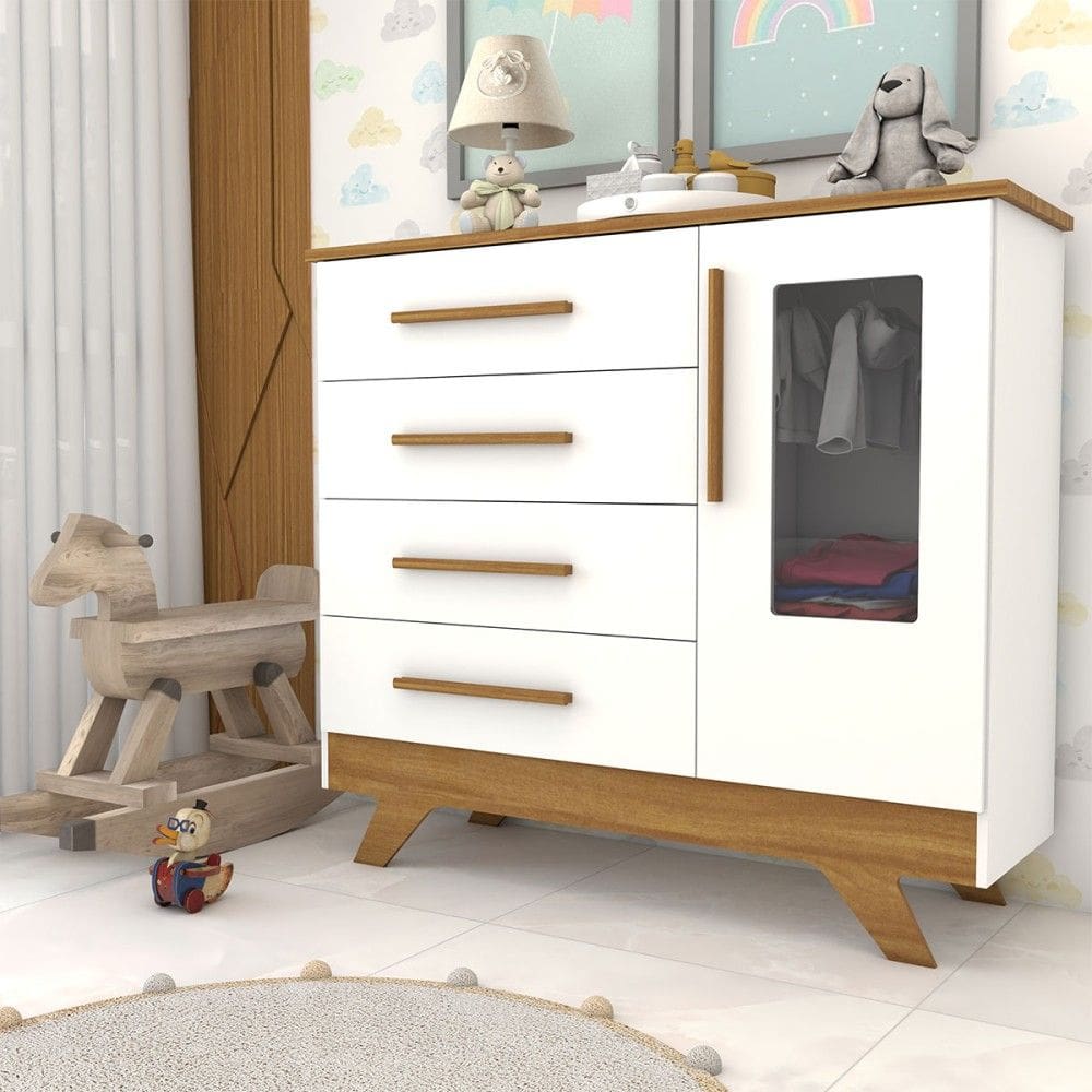 Cômoda Infantil Encanto 1 Porta 4 Gavetas 100% Mdf Branco Brilho/Amêndoa - Panorama Móveis