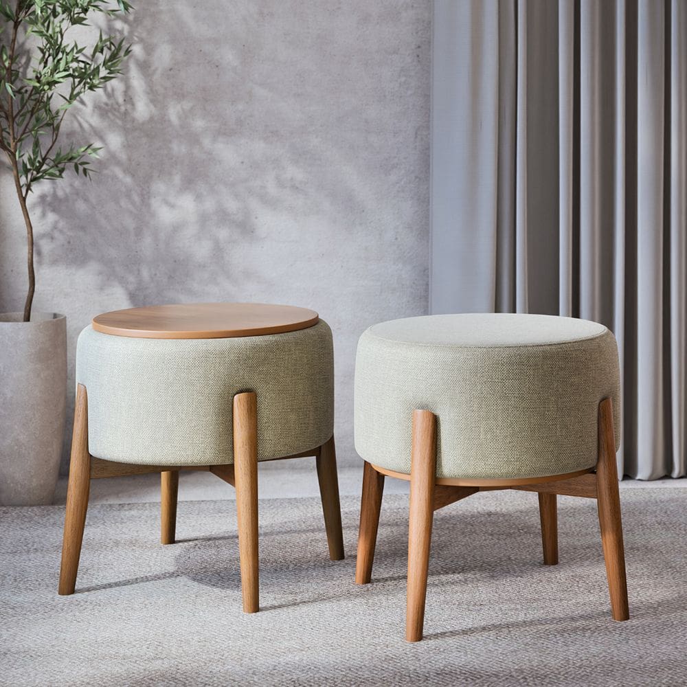 Kit 2 Puffs Dual 2 em 1 Vira Mesa Apoio Design Moderno Sala Estar Quarto Sala Tv - Cinza Linho