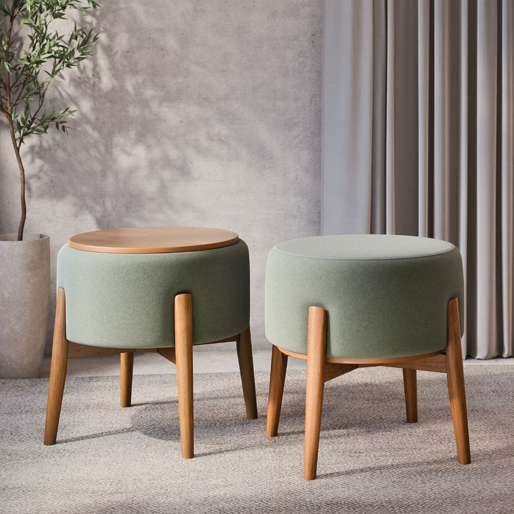 Kit 2 Puffs Dual 2 em 1 Vira Mesa Apoio Design Moderno Sala Estar Sala Tv Decor - Verde Chenille