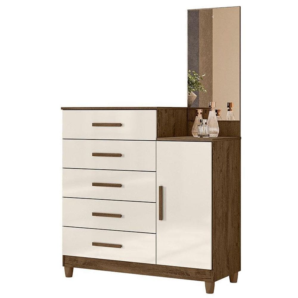 Cômoda Sapateiro Lisboa Castanho Wood Off White com Espelho - Moval