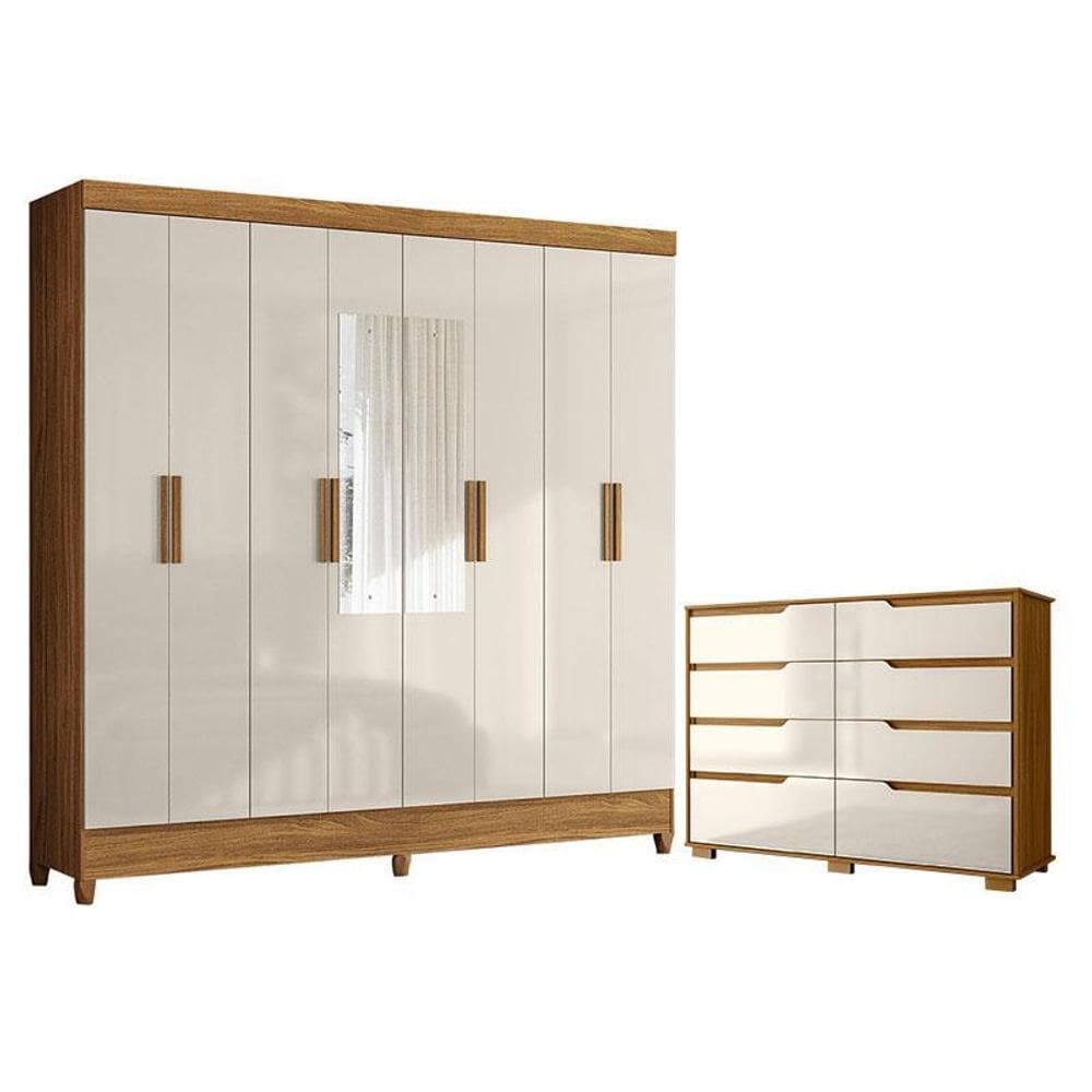 Guarda Roupa Casal Marajó com Espelho e Cômoda Georgia Freijó Off White – Moval