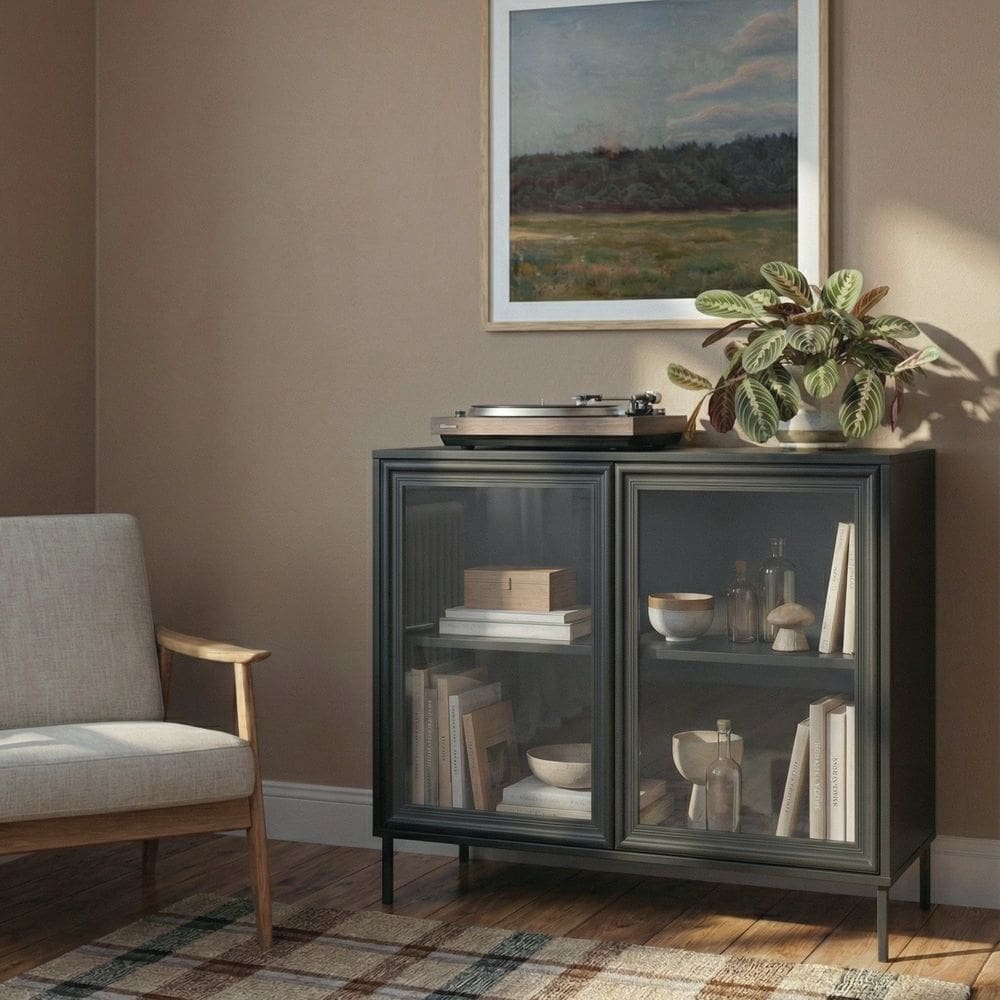 Balcão Aparador 2 Portas de Vidro 1 Prateleira Preto