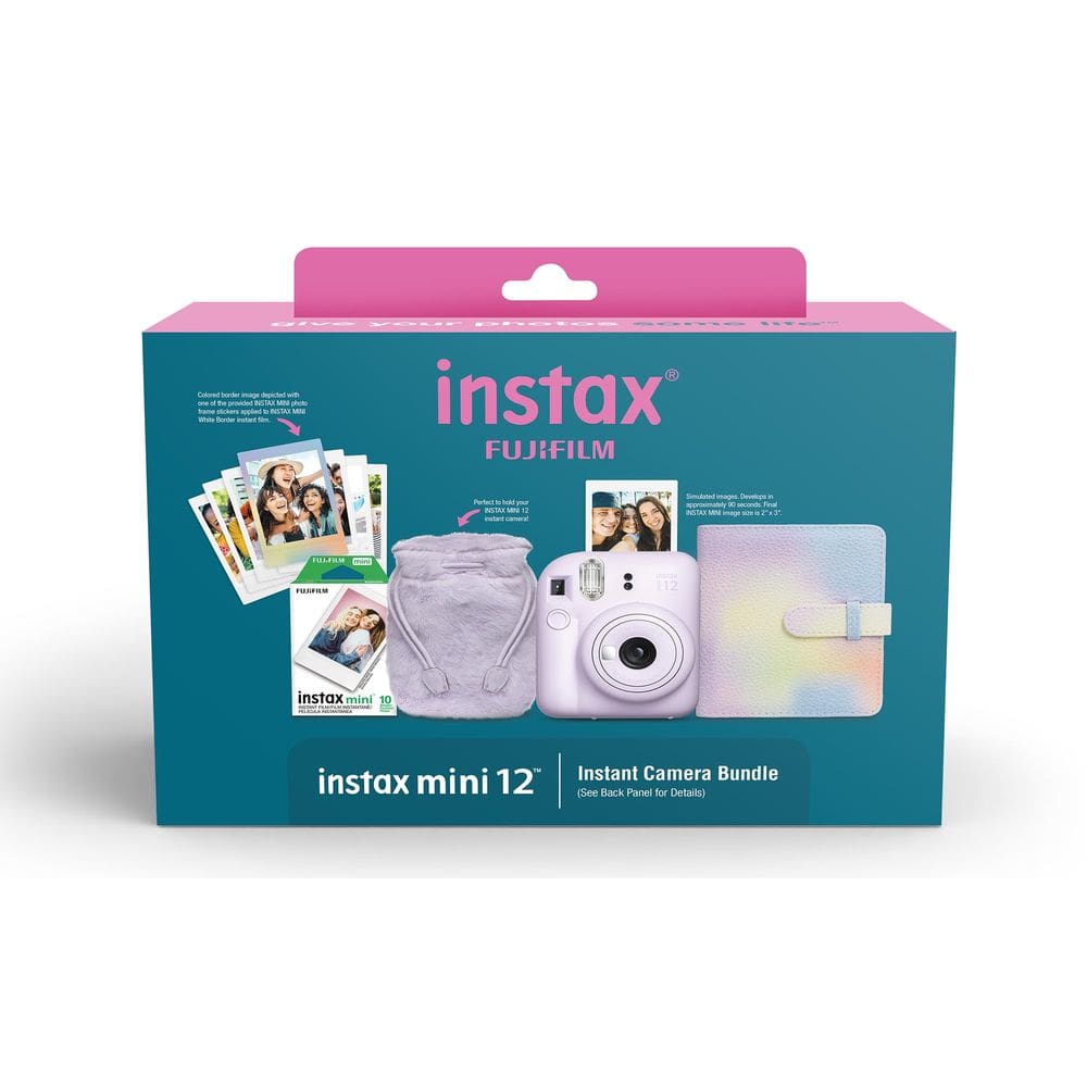 Câmera Fujifilm INSTAX Mini 12 roxa com pacote de férias 2024