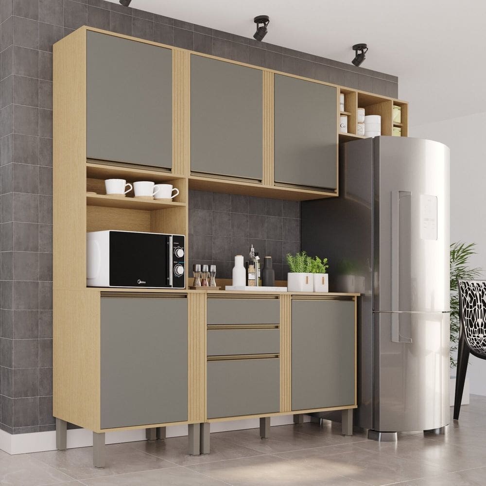 Cozinha Compacta 4 Peças 5 Portas 2 Gavetas Pérola Jequitibá/Granizo
