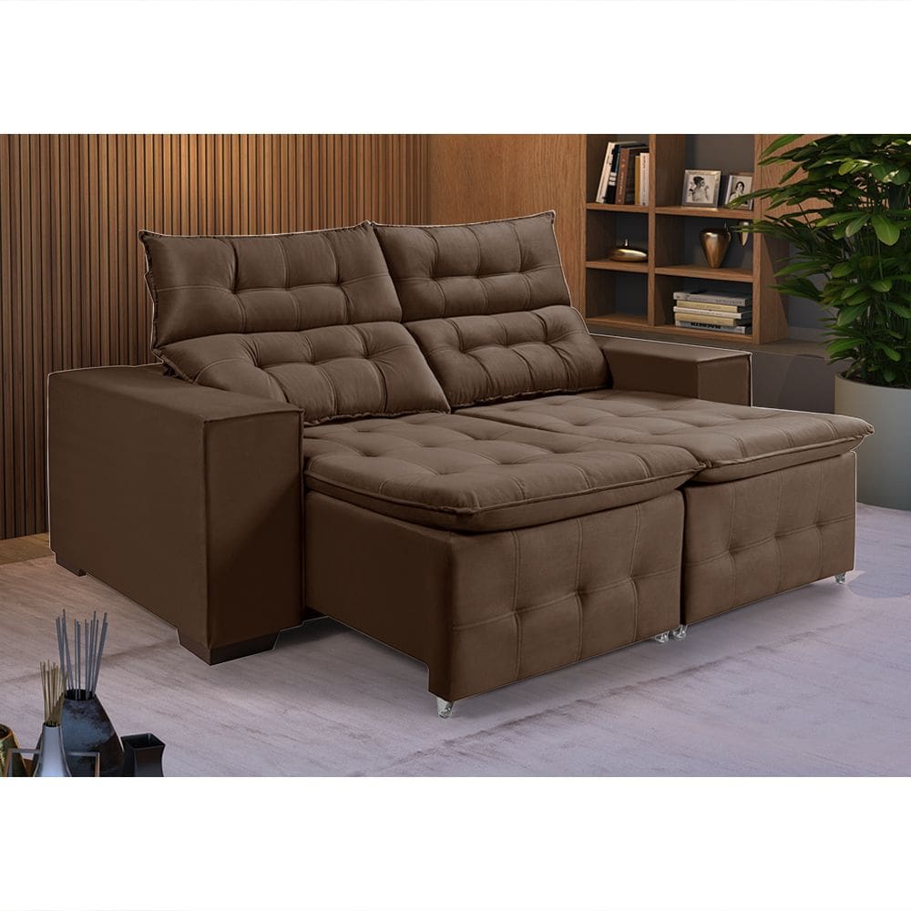 Sofá Retrátil Reclinável 3 Lugares Pillow em Veludo 1,90m Assento Macio - Marrom Veludo