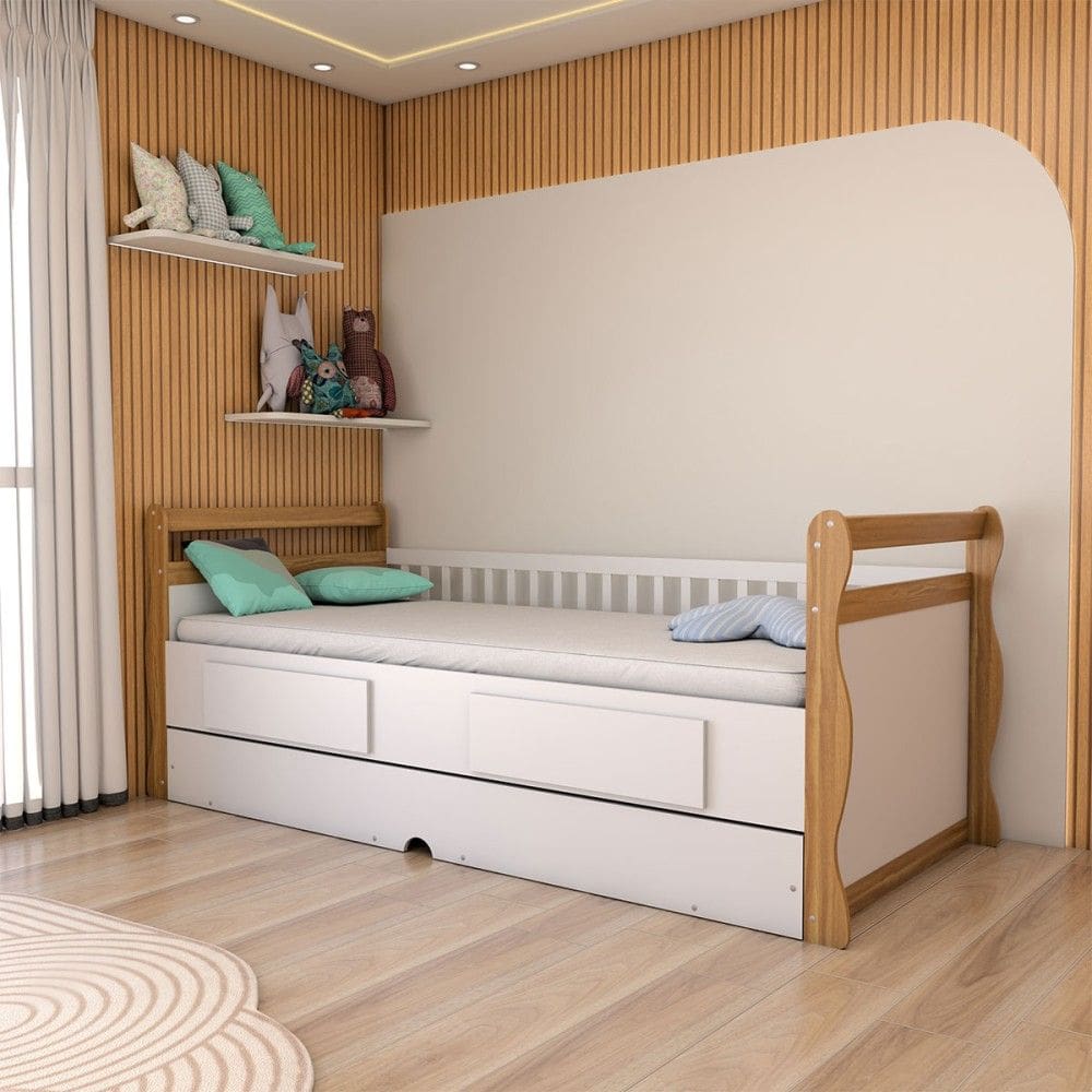 Cama Infantil Bicama Tesouro 2 Gavetas 100% Mdf Branco Brilho/Amêndoa - Panorama Móveis