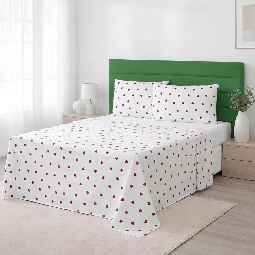 Jg Lençol Casal 4 Peças 100% Algodão 200 Fios Corações 30cm Vermelho
