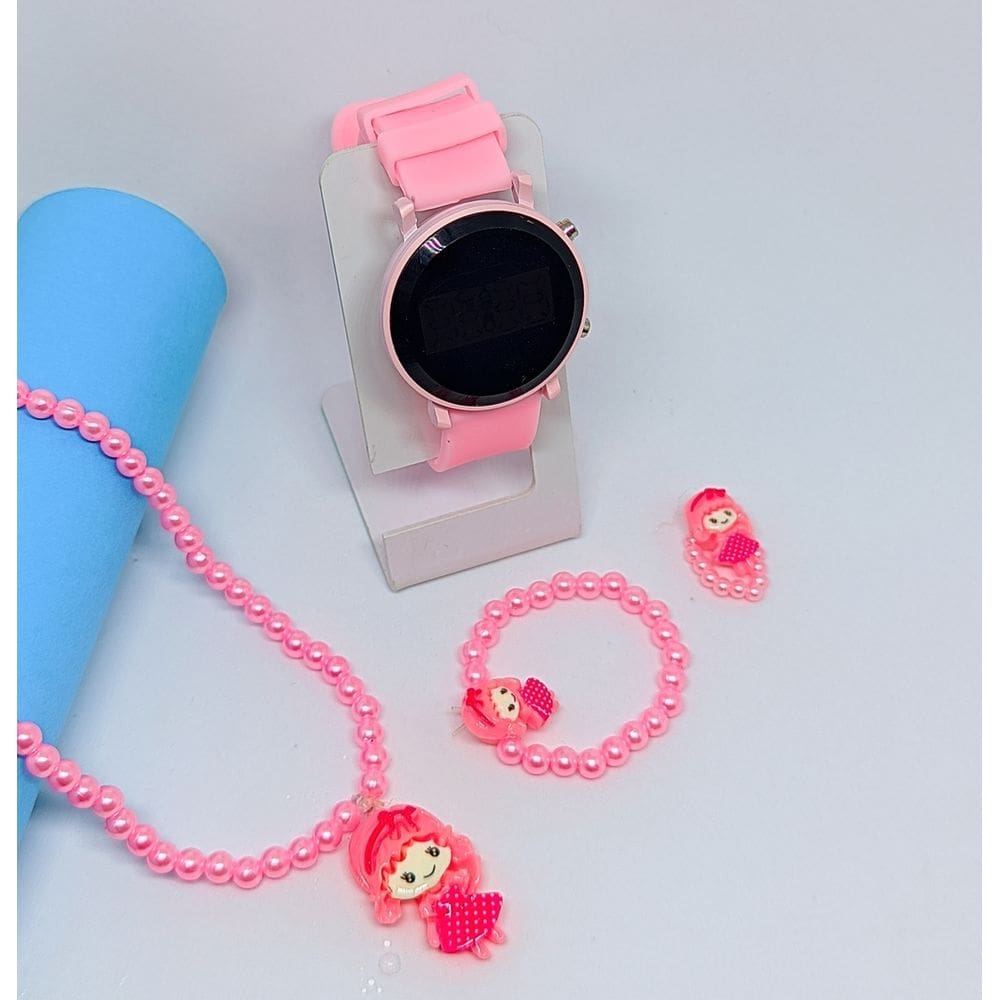 Kit Relógio Feminino Digital Led Silicone ajustável Esporte Hora Data Rosa + Conjunto Colar Pulseira Anél Miçangas