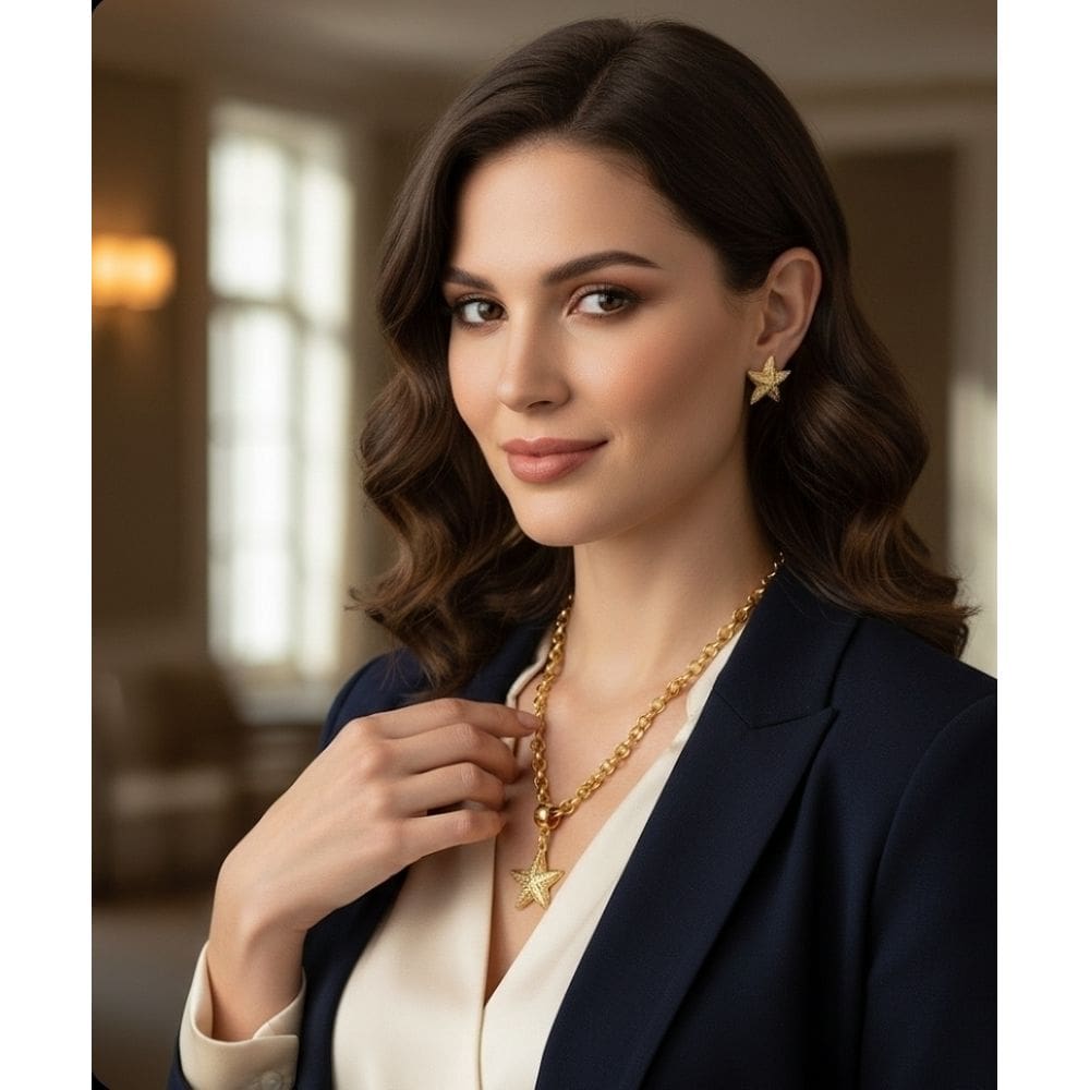 Kit Colar e Brincos Corrente Elo Português com pingente Estrela Do mar Folheado Ouro Dourado Antialérgico Tendência