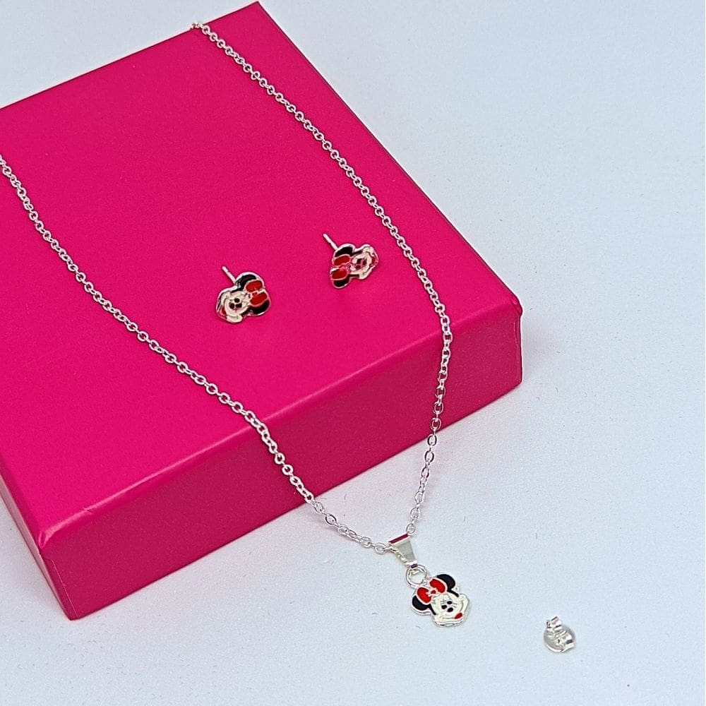 Kit Conjunto Colar e Brincos Antialérgico Infantil Meninas com Pingente Minnie ou Mickey Disney Kids Folheado a Prata