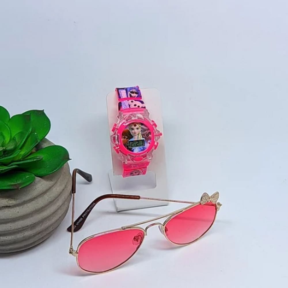 Kit Relógio Infantil Digital Pisca Luz Led Princesas Disney Barbie Lol Peppa + Óculos de Sol Aviador com Lacinho Metal
