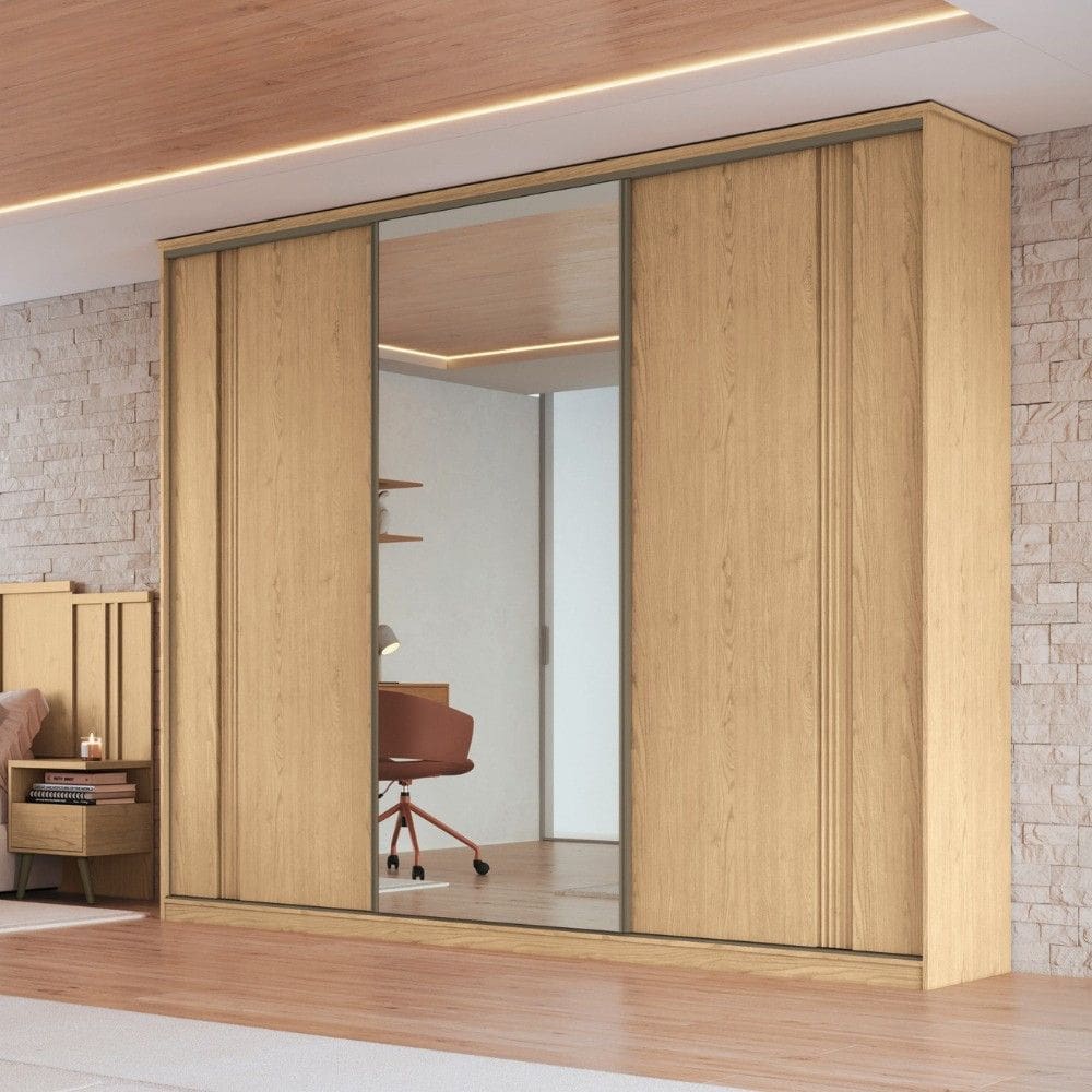 Guarda Roupa Casal com Espelho 3 Portas de Correr em MDF Duque New Moveis Castro