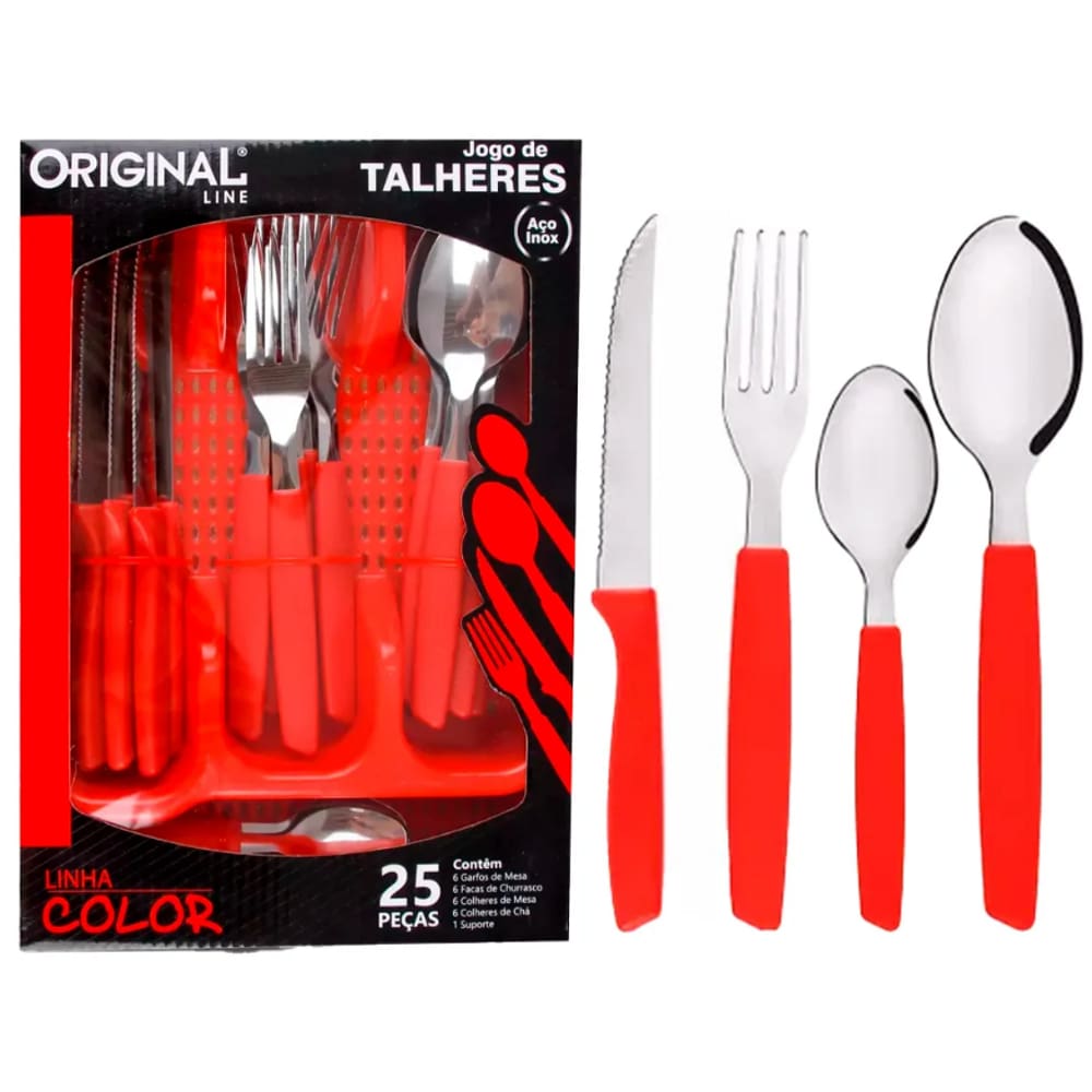 Jogo Talheres Faca Garfo Colher 25 Pçs Jjb Utilidades Verm.