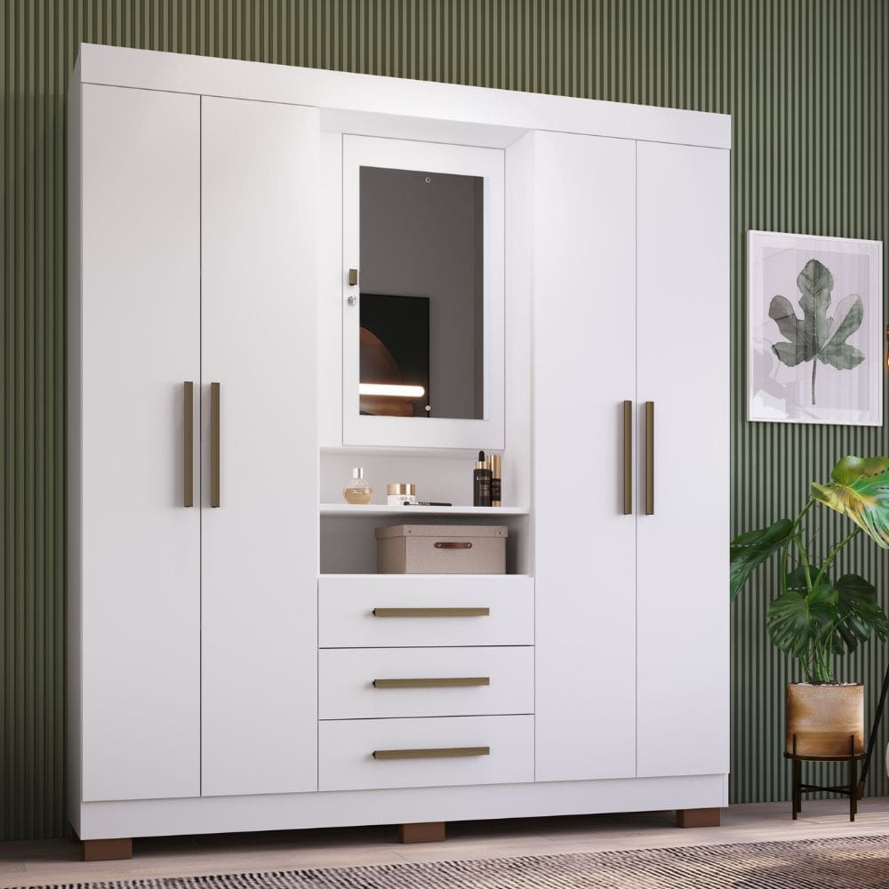 Guarda Roupa Casal com Espelho 5 Portas 3 Gavetas e Pes Europa Faimec