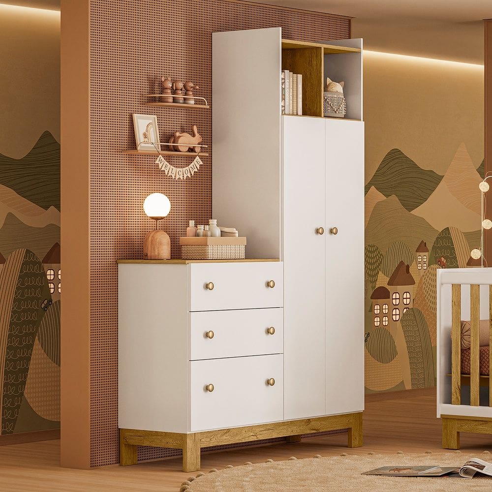 Guarda Roupa Infantil com Cômoda 2 Portas 3 Gavetas Flora 4970 Branco Acetinado Qmovi