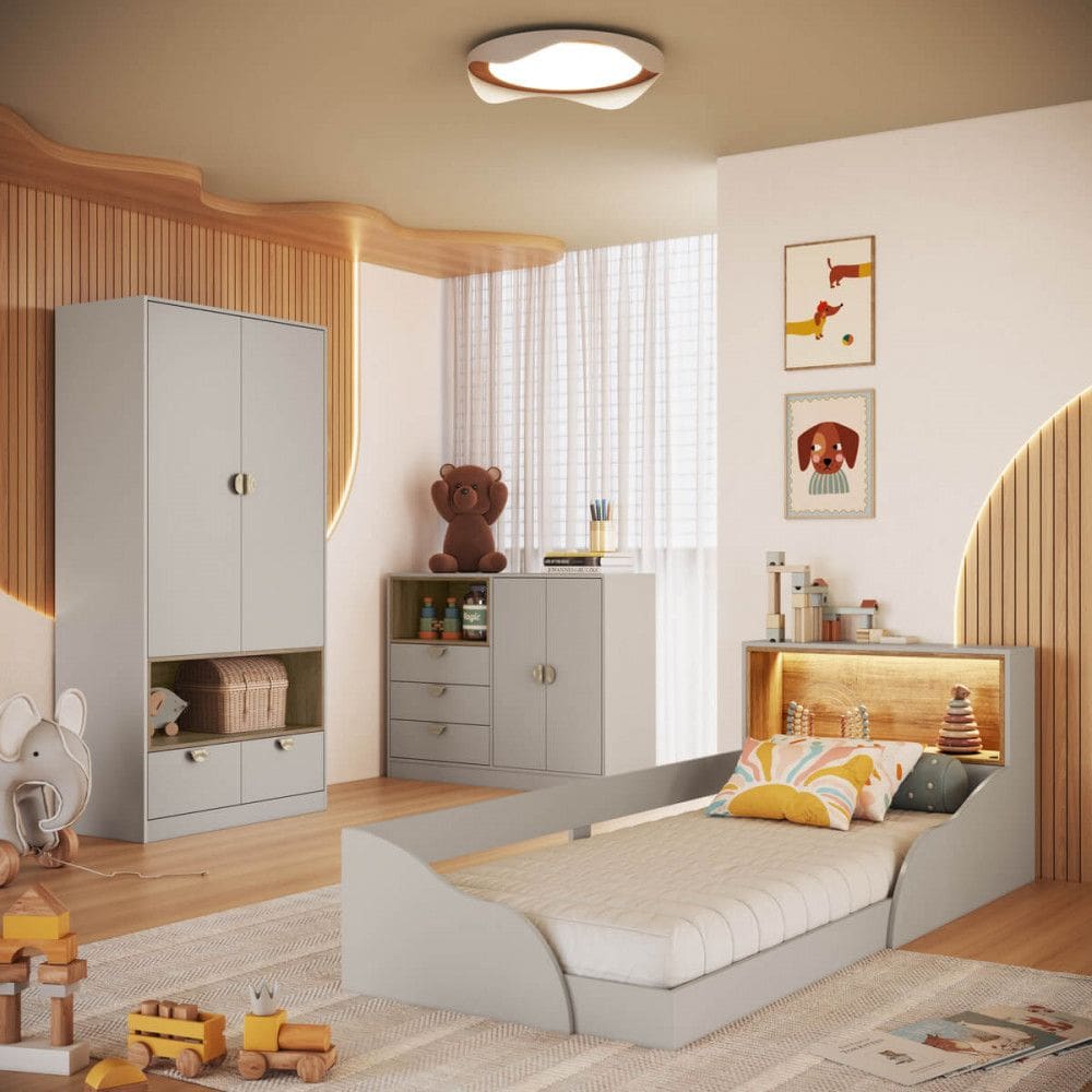 Quarto Infantil Cama Solteiro Montessoriana Led Comoda Guarda roupa CJ076 Lille Art In Moveis