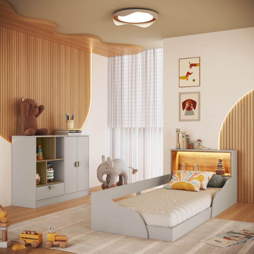 Quarto Infantil Cama Solteiro Montessoriana Led e Comoda 1 Gaveta Lille