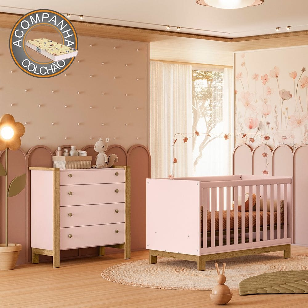 Quarto de Bebê com Berço 4315 Slim e Cômoda 5135 Flora Rosa Qmovi + Colchão Gazin