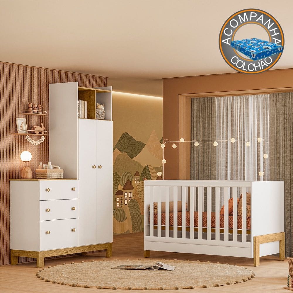 Quarto de Bebê com Berço Fantasia e Guarda Roupa com Cômoda Flora Branco Qmovi + Colchão Ortobom