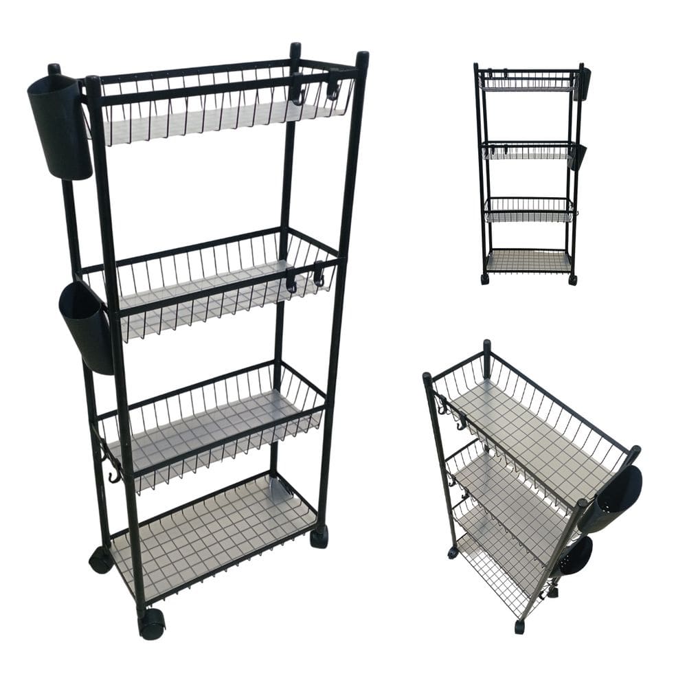 Carrinho Organizador 4 Prateleira Multiuso Cozinha Tempero Mantimentos Lavanderia Banheiro Higiene Ganchos E Escorredor