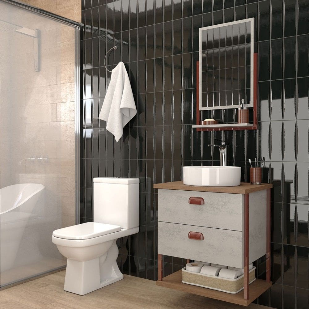 Armário de Banheiro Cielo 60cm 2 Gavetas C/ Espelheira 100% Mdf Cimento/Freijó - Panorama Móveis