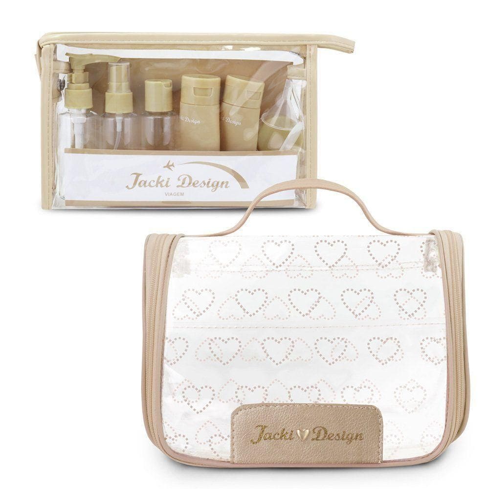 Kit Necessaire Transparente Com Frascos – Ideal Para Viagens E Bagagem De Mão - Rosa