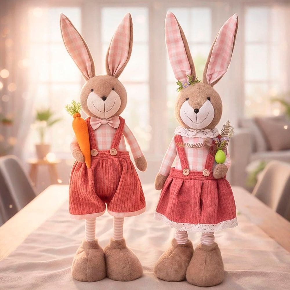 Casal Coelho Decoração Páscoa Com Pernas Ajustáveis De 90cm