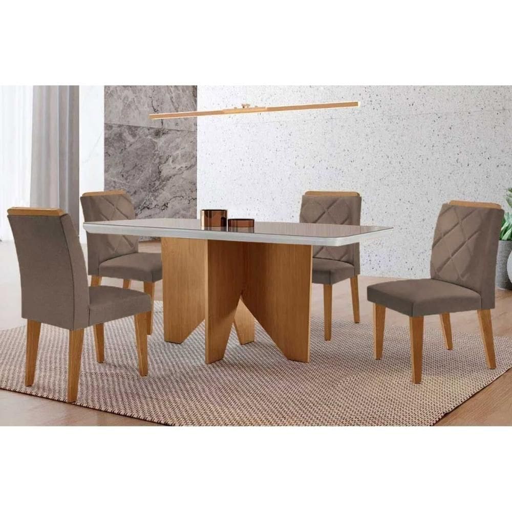 Conjunto: Mesa Sala Jantar Nevada Curvo 120cm + 4 Cadeiras Pietá Madeira Naturale/Off White - Capuccino/Linho Capuccino - Rufato