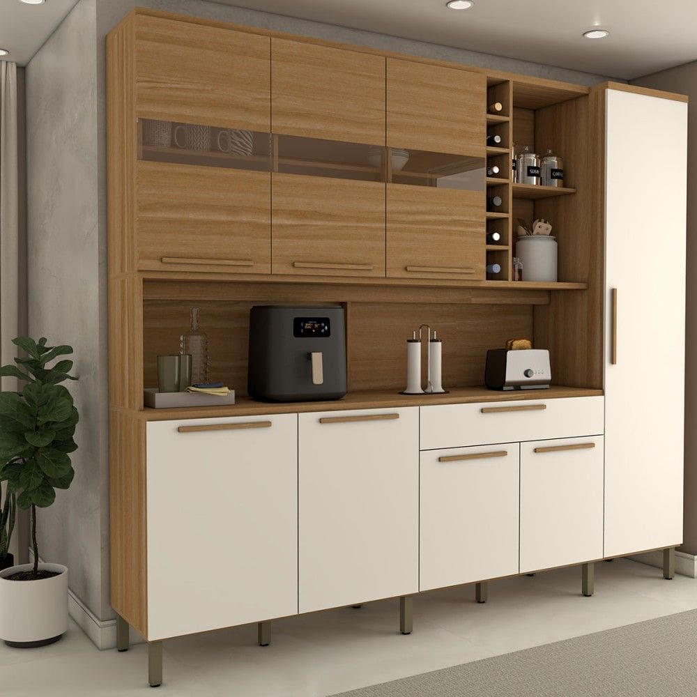 Cozinha Compacta Vanguardia 8 Portas 1 Gaveta 100% Mdf com Vidro Amêndoa/Branco - Panorama Móveis