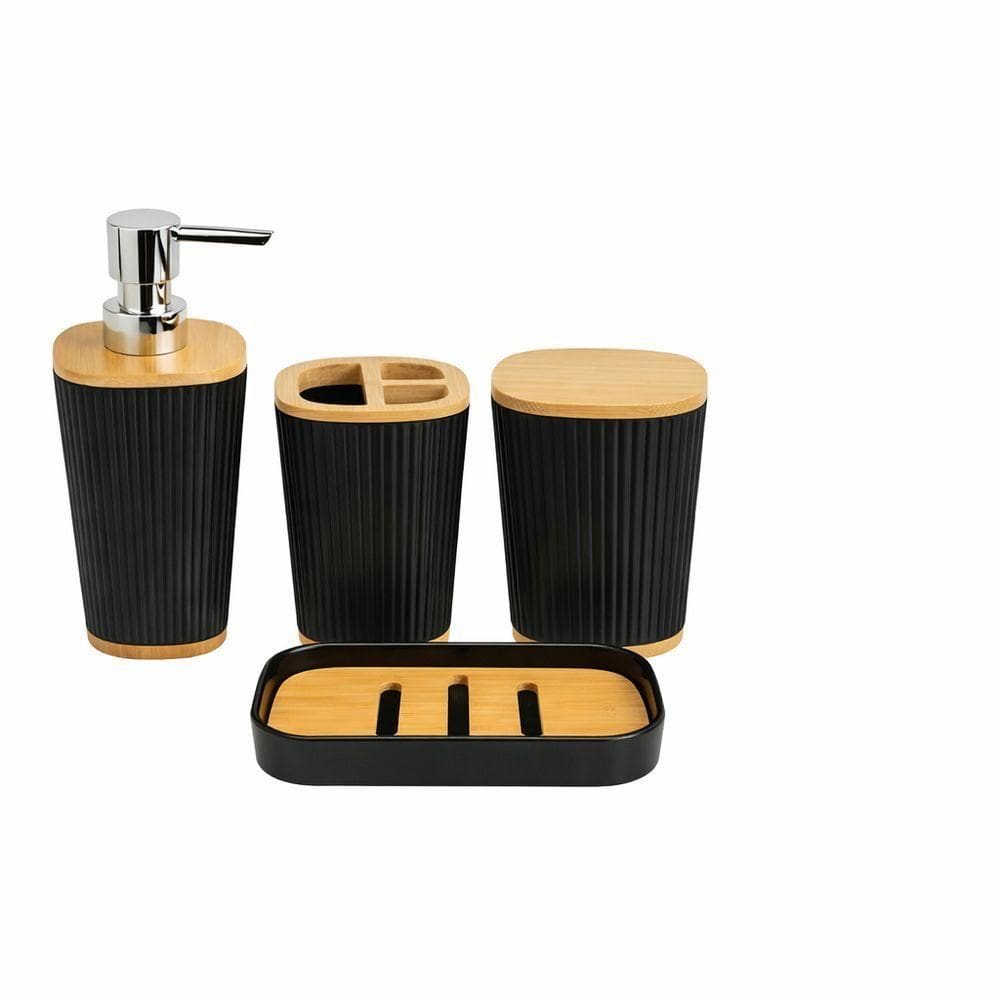 Conjunto Banheiro 4 Peças Preto Com Bambu Design Moderno E Elegante